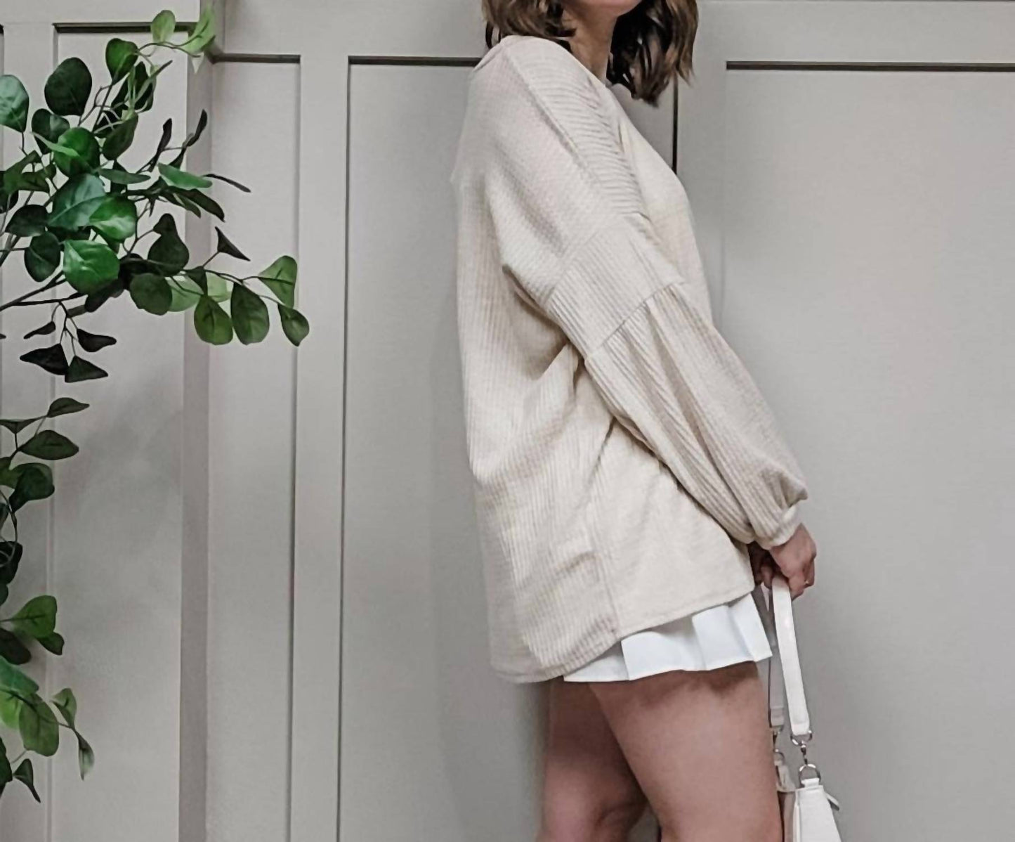 Wholesale Fashion Square - Plus Size Waffle Knit Puff Sleeve Sweater