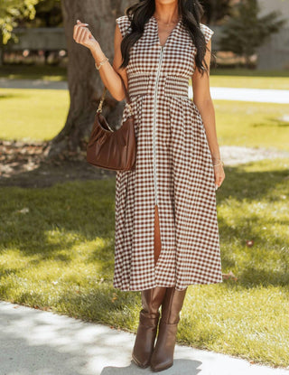Entro - Gingham Zip Up Cotton Midi Dress