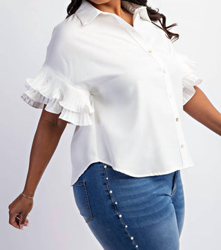 The Curve La - Plus Size Pleated Ruffle Sleeve Shirt Top