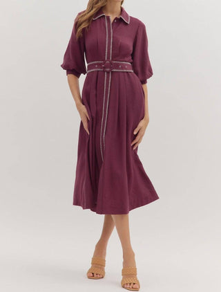 Entro - Puff Sleeve Blanket Stitch Det Midi Dress