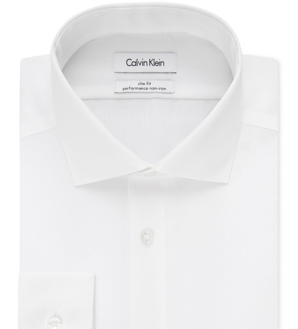 Calvin Klein Men's Slim Fit Non Iron Performance Spread Collar Herringbone Dress Shirt White Size 34X35
