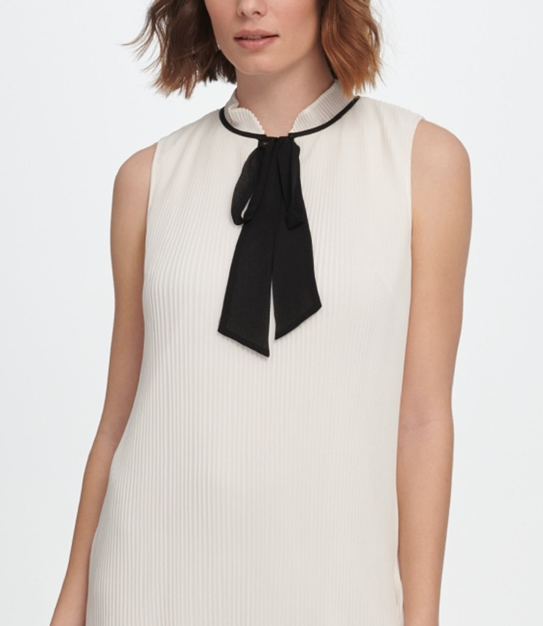 DKNY Women's Sleeveless Pleated Tie Neck Shift Dress White Size 4