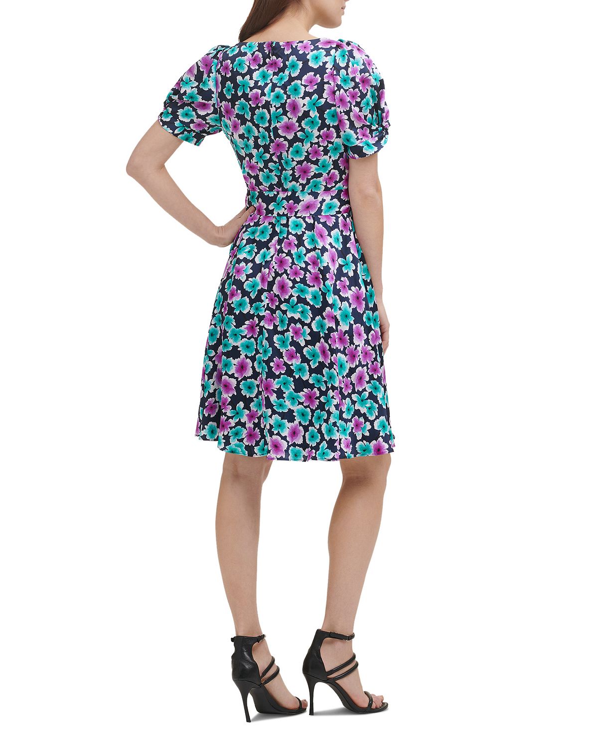 DKNY Women's Short Sleeve V Neck Fit & Flare Dress Blue Size 4