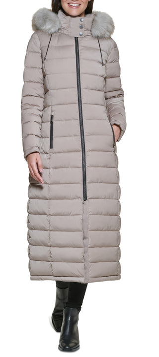 DKNY Women's Faux Fur Trim Hooded Maxi Puffer Coat Pink Size XX-Large