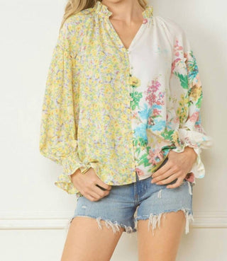 Entro - Floral Contrast Print V-Neck Blouse