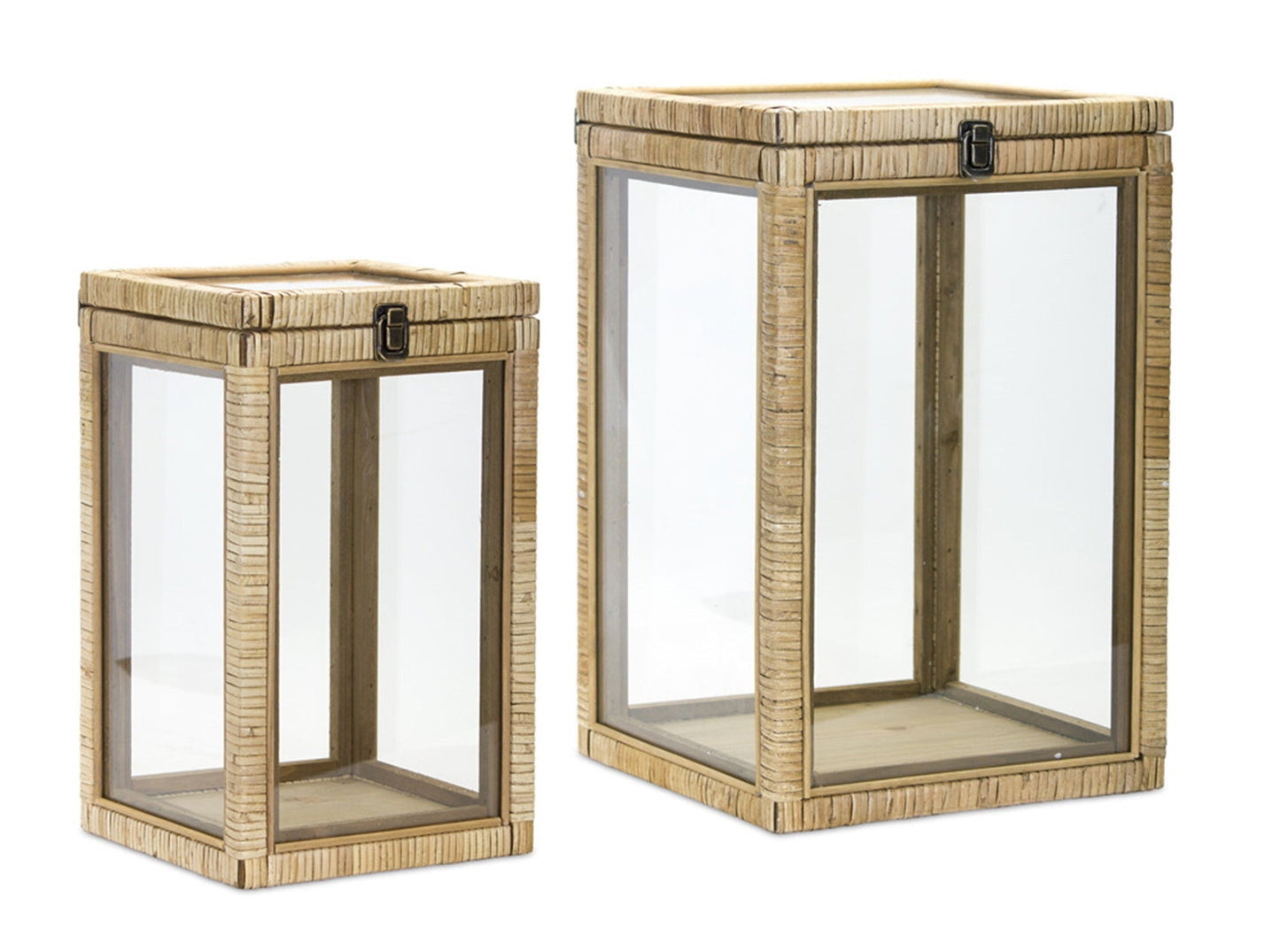 Coastal wood box lantern with glass top (set of 2)