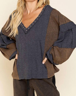 Pol - Stud Detail Balloon Sleeve Top