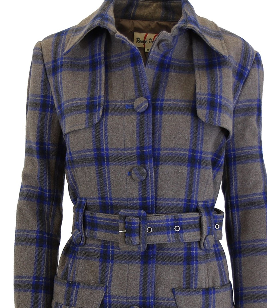 Rogue Pur Women's Plaid Wool Trench Coat Blue Size Medium