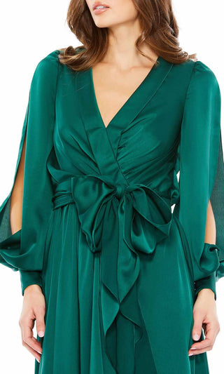 Mac Duggal - Collared Faux Wrap Bishop Sleeve Flowy Dress