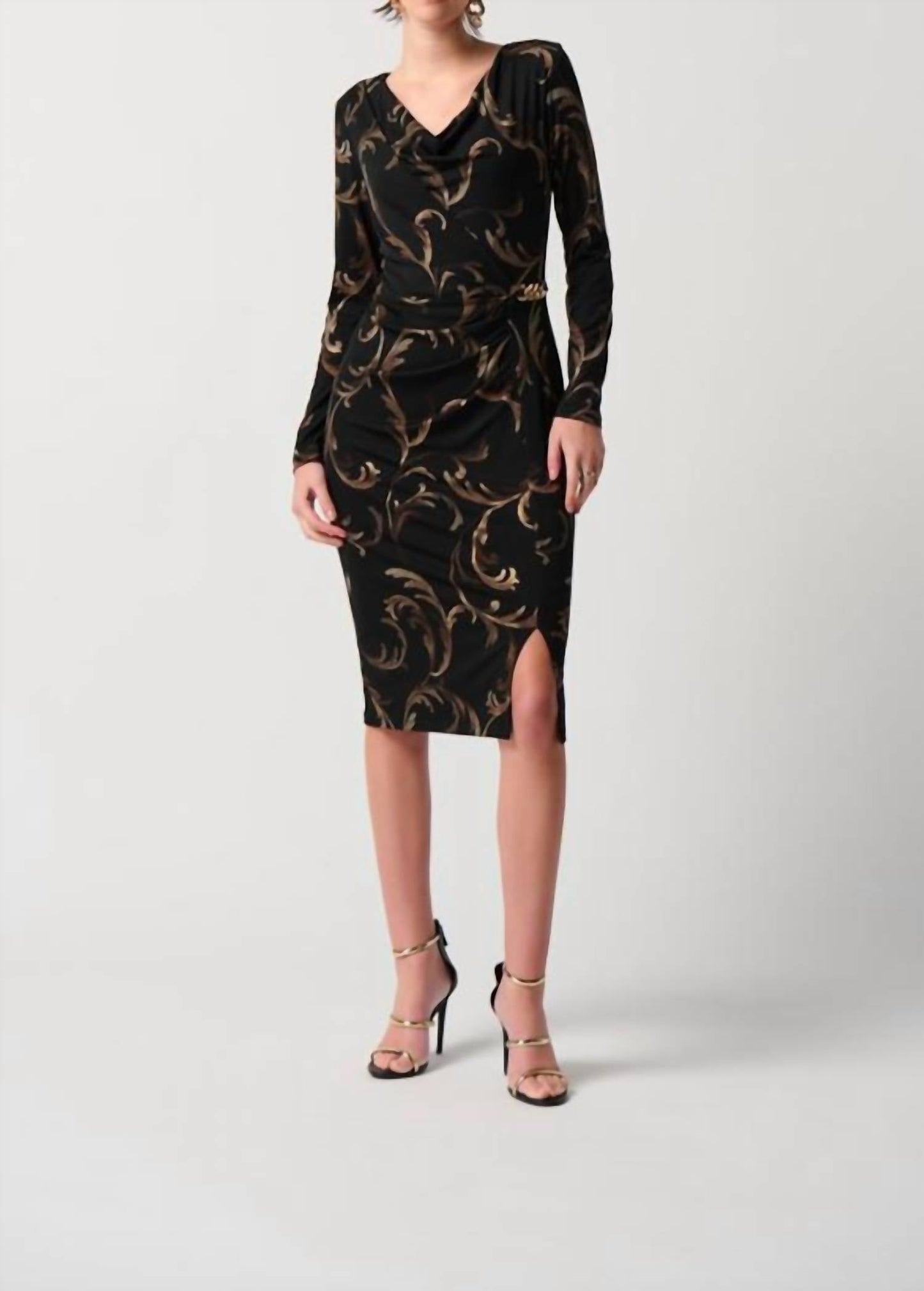 Joseph Ribkoff - Baroque Foiled Silky Knit Sheath Dress With Ornament