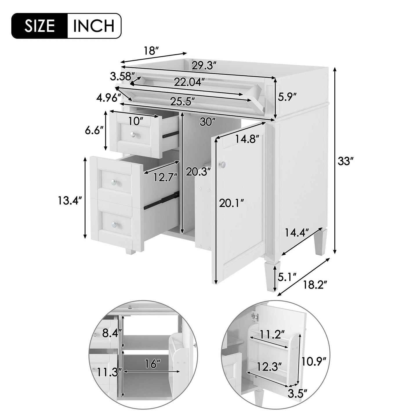 Bathroom Vanity With 2 Drawers and Tip-Out Drawer Storage Cabinet