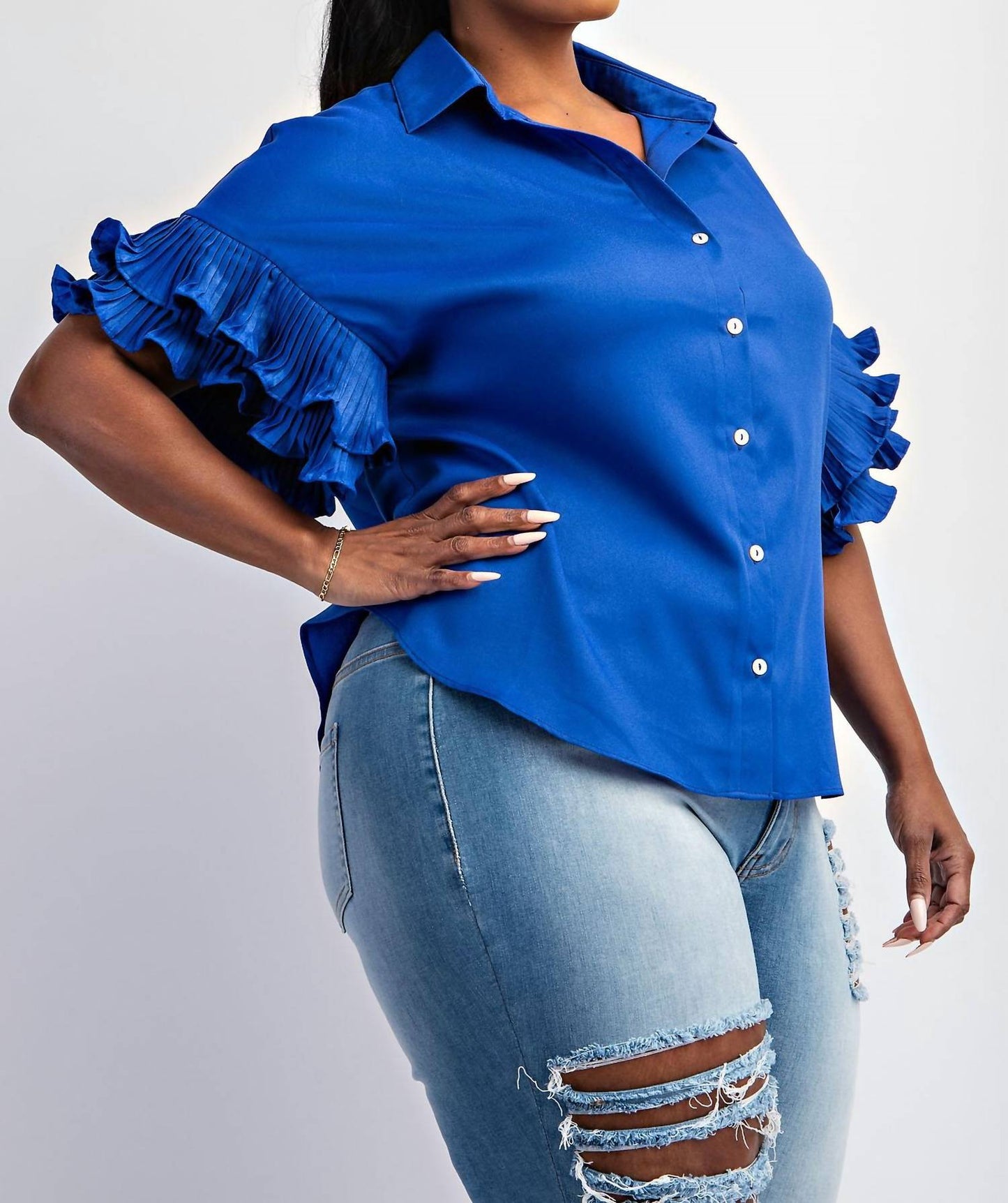 The Curve La - Plus Size Pleated Ruffle Sleeve Shirt Top