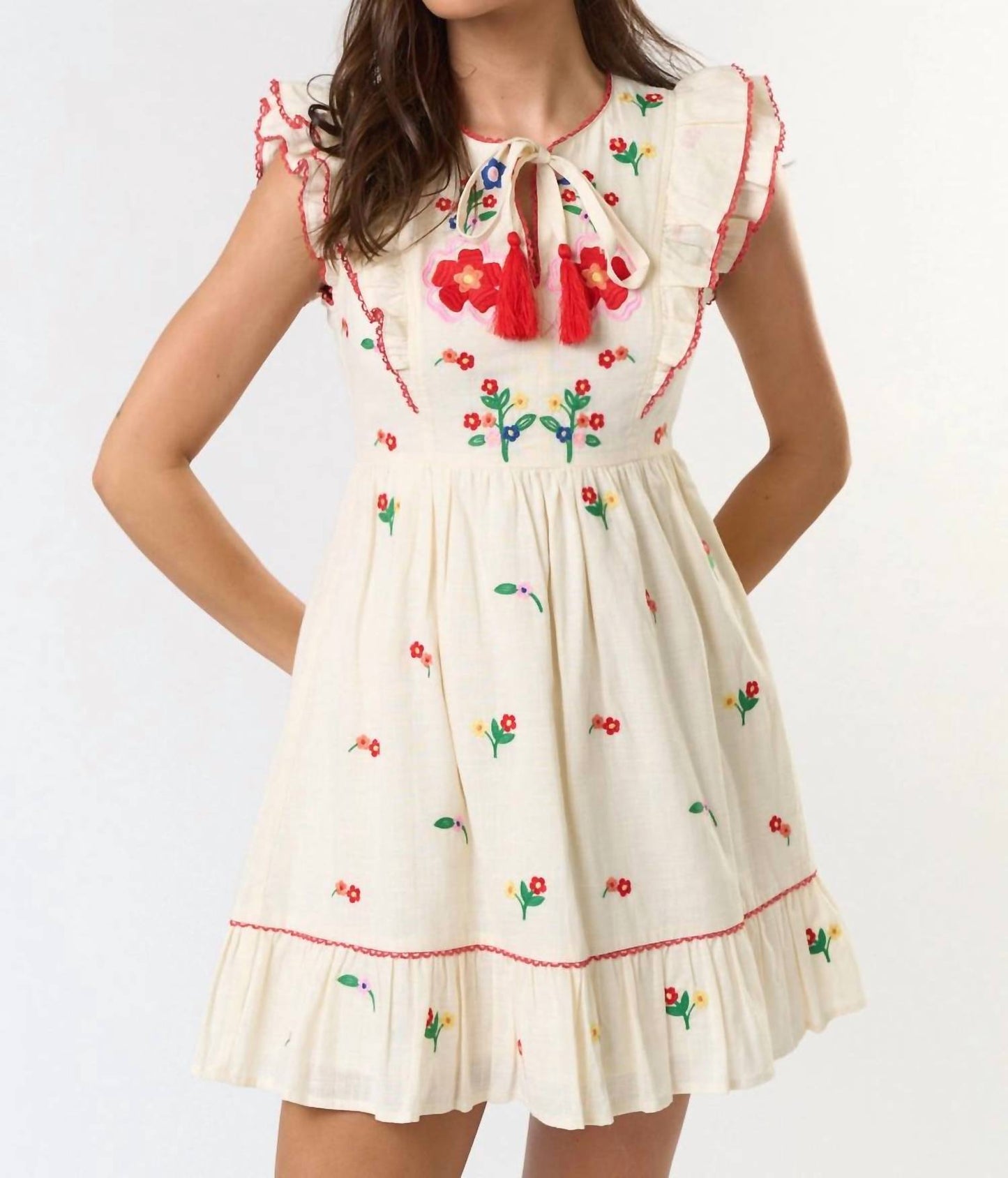 Lalavon - Ruffle Sleeve Embroidered Mini Dress