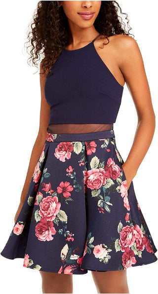 B Darlin Women's Floral Sleeveless Halter Short Party Fit Flare Dress Blue Size 11-12