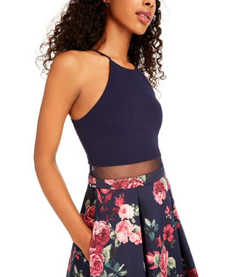 B Darlin Women's Floral Sleeveless Halter Short Party Fit Flare Dress Blue Size 11-12