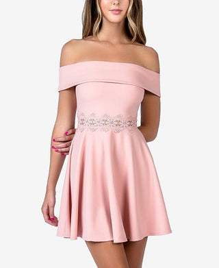 B Darlin Women's Embroidered Off Shoulder Short Formal Fit Flare Dress Pink Size 5-6