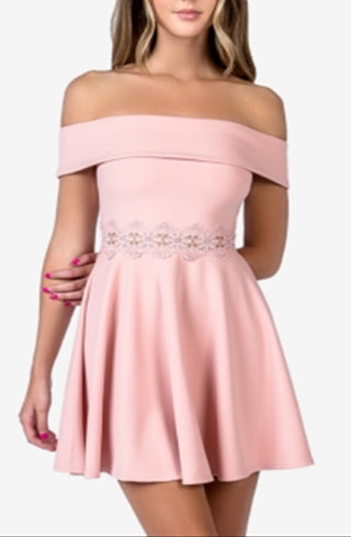 B Darlin Women's Embroidered Off Shoulder Short Formal Fit Flare Dress Pink Size 13-14