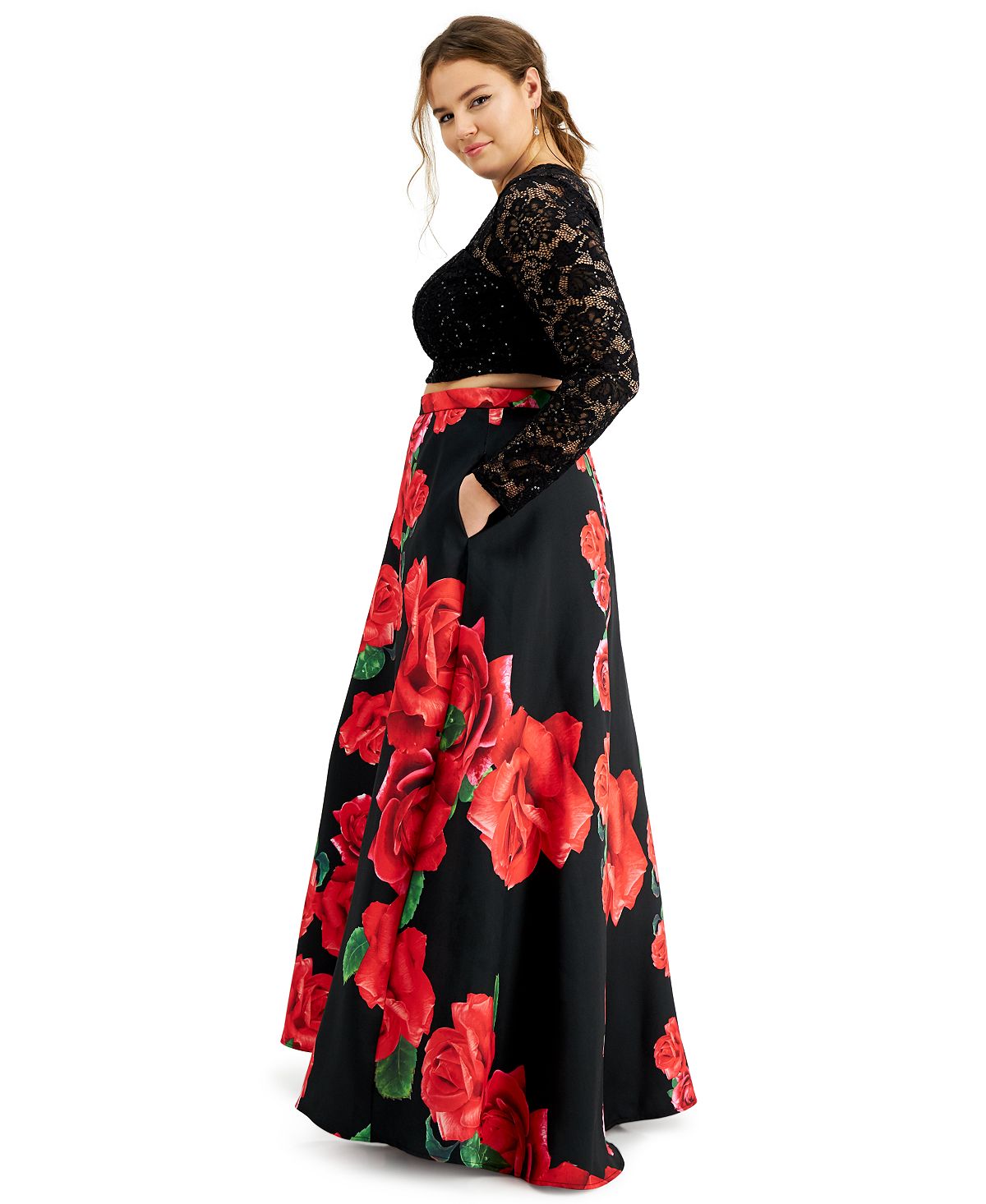 B Darlin Women's Trendy 2 Pc Lace & Floral Print Dress Black Size 14W