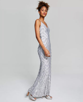 B Darlin Junior's Sequined Bungee Strap Gown Gray Size 9/10