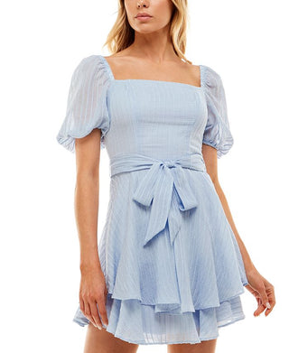 B Darlin Junior's Puff Sleeve Tie Waist Dress Blue Size 12