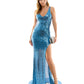 B Darlin Women's Sequined Zippered Hi Slit V Back Lined Padded Bust Sleeveless V Neck Full Length Formal Gown Dress Blue Size 15-16