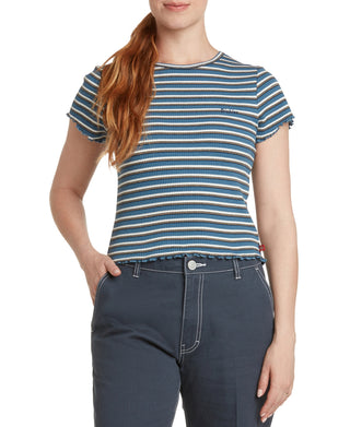 Dickies Women's Stripe Lettuce Edge Rib T-Shirt Blue Size Medium