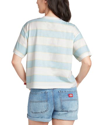 Dickies Women's Ribbed Striped Short Sleeve Crew Neck T-Shirt Blue Size Large