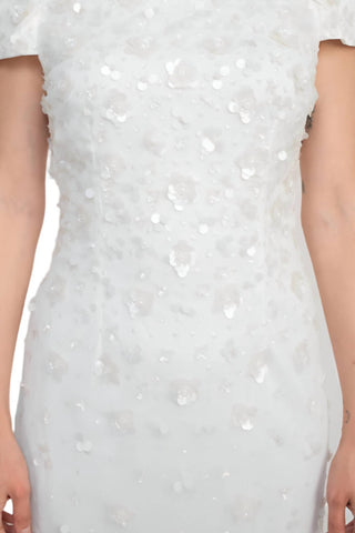 Adrianna Papell - Off-shoulder Sequined Beaded Column Mesh Gown