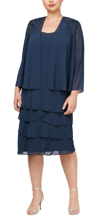 SL Fashions Women's Embellished Tiered Dress With Jacket Blue Size 18W