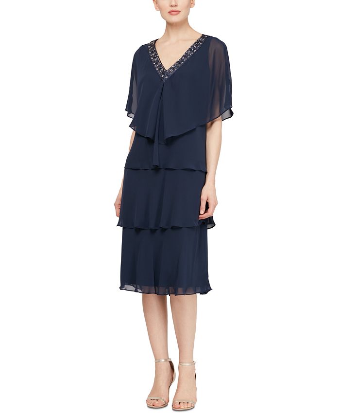 SL Fashions Women's Tiered Chiffon Dress With Cardigan Blue Size 14