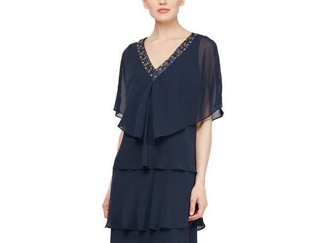 SL Fashions Women's Tiered Chiffon Dress With Cardigan Blue Size 14