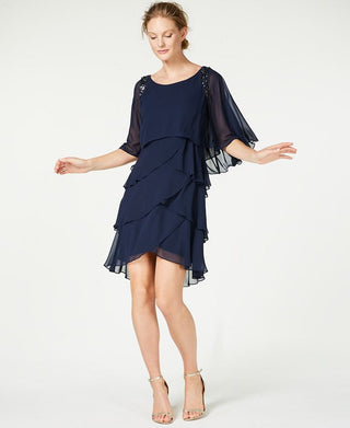 SL Fashions Women's Embellished Bell Sleeve Jewel Neck Short Ruffled Party Dress Blue Size 18