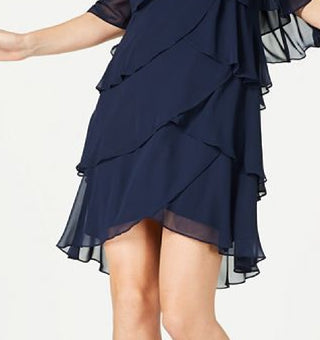 SL Fashions Women's Embellished Bell Sleeve Jewel Neck Short Ruffled Party Dress Blue Size 18