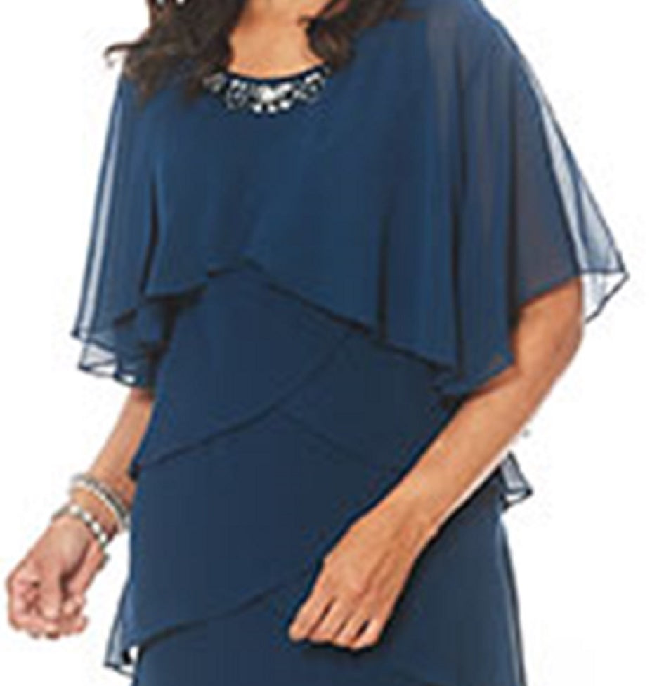 SL Fashions Women's Embellished Tiered Chiffon Dress Blue Size 12