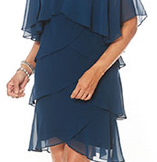 SL Fashions Women's Embellished Tiered Chiffon Dress Blue Size 12