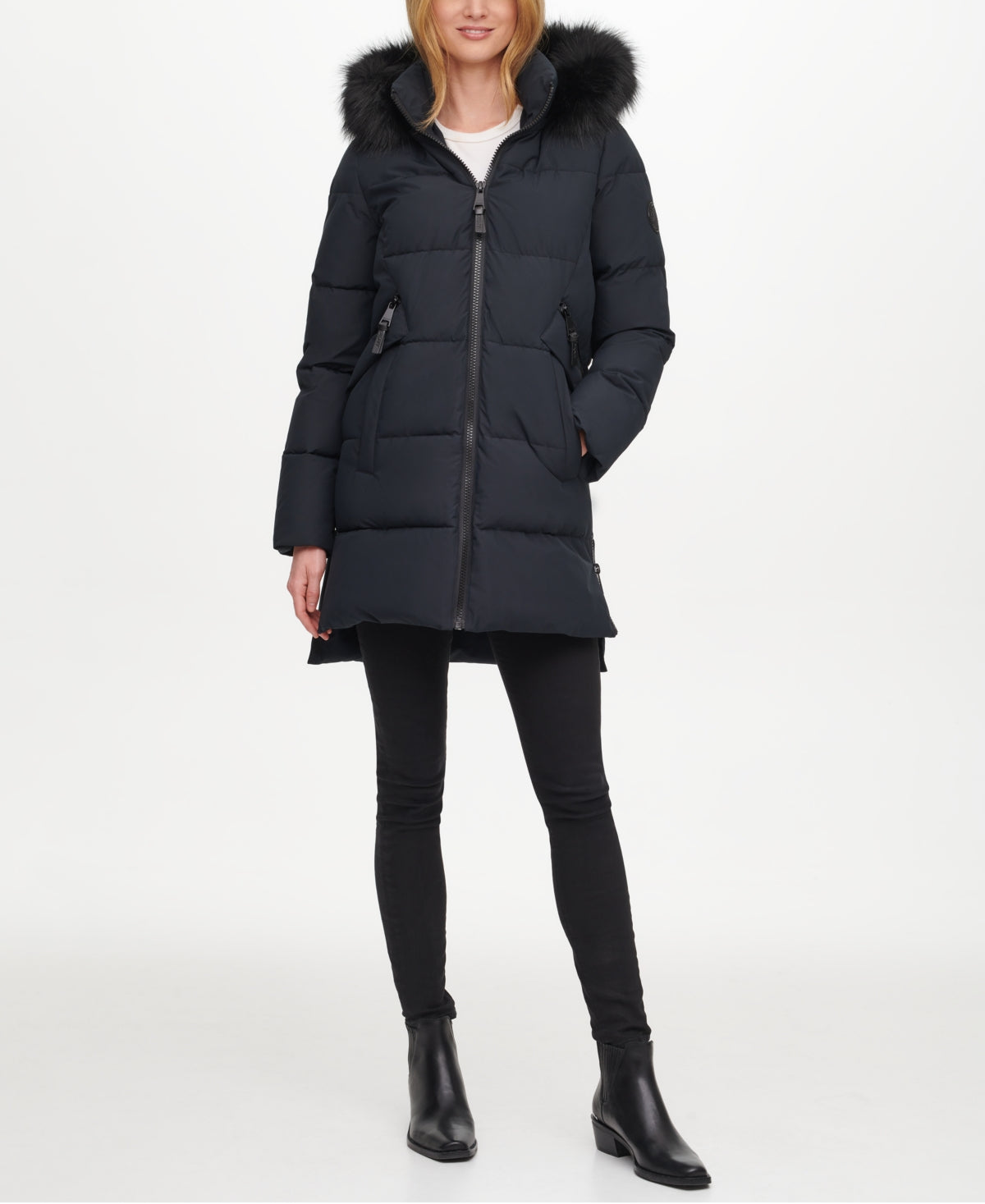 DKNY Women's Faux Fur Trim Hooded Puffer Coat Black Size Medium