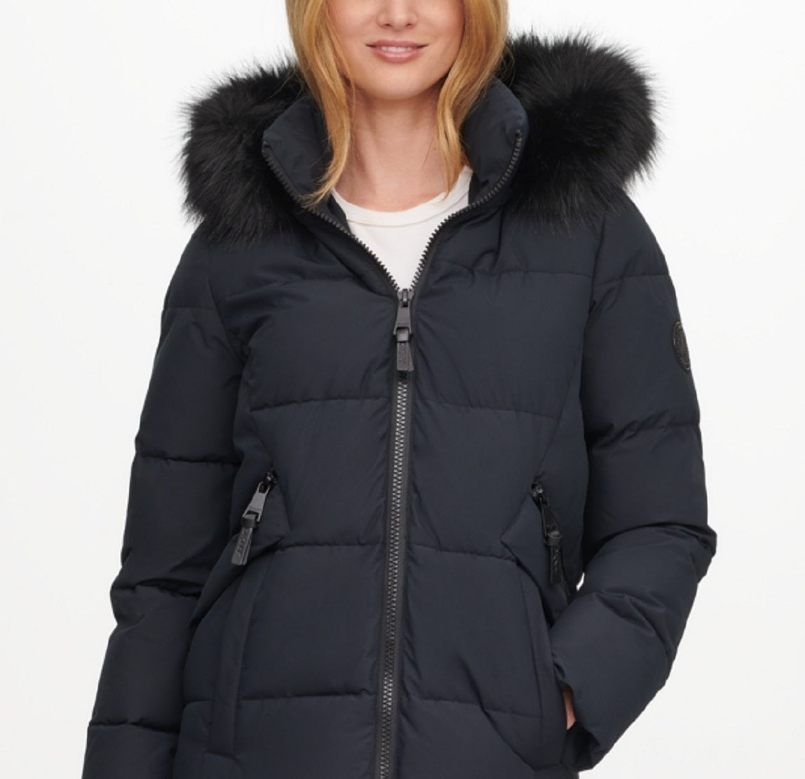 DKNY Women's Faux Fur Trim Hooded Puffer Coat Black Size Medium