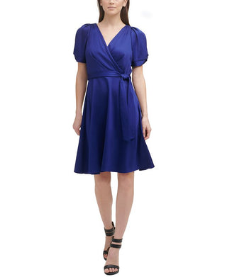 DKNY Women's Pleated Zippered Belted Unlined Short Pouf Knot-S Surplice Neckline Above The Knee Evening Fit Flare Dress Blue Size 12