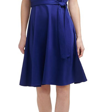 DKNY Women's Pleated Zippered Belted Unlined Short Pouf Knot-S Surplice Neckline Above The Knee Evening Fit Flare Dress Blue Size 12