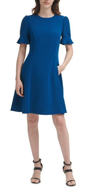 DKNY Women's Flounce Fit & Flare Dress Blue Size 8