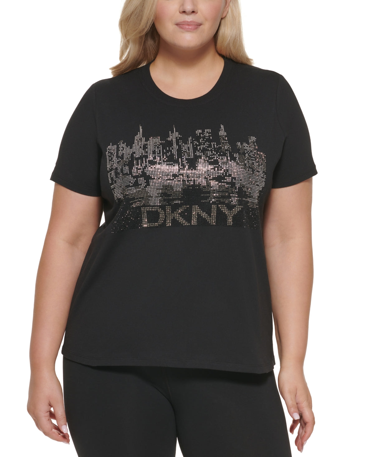 DKNY Women's Embellished Cotton T-Shirt Black Size 1X