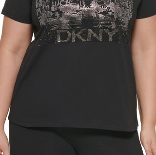DKNY Women's Embellished Cotton T-Shirt Black Size 1X