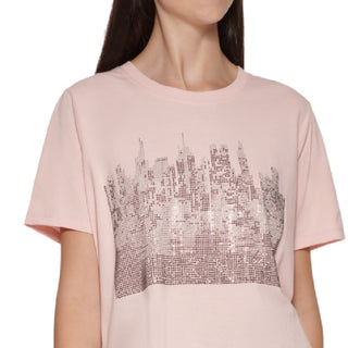 DKNY Women's Cotton Rhinestone Graphic T-Shirt Pink Size Medium