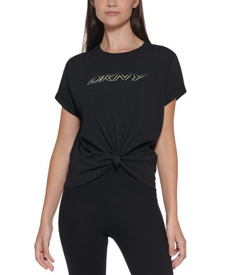 DKNY Women's Logo Knotted Cotton T-Shirt Black Size Large