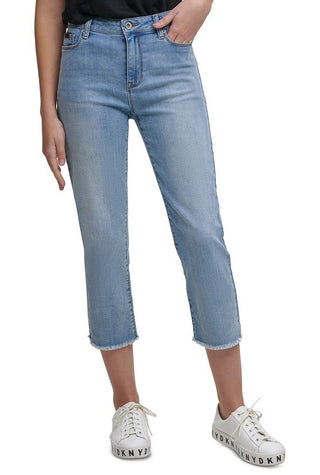 DKNY Women's Rivington Slim Straight Cropped Raw Jeans Blue Size 28