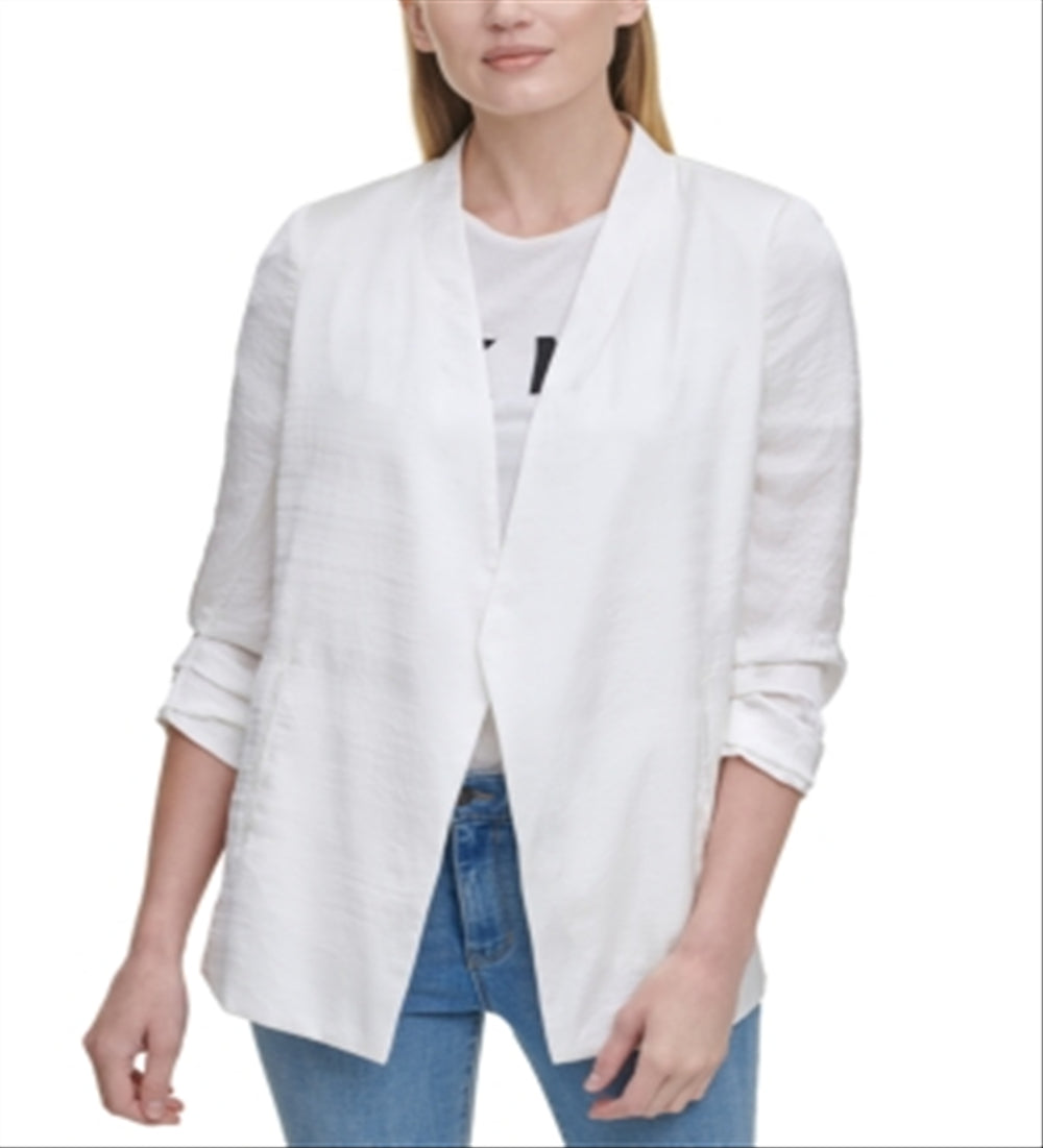 DKNY Women's Solid Scrunch Sleeve Collarless Blazer White Size Small