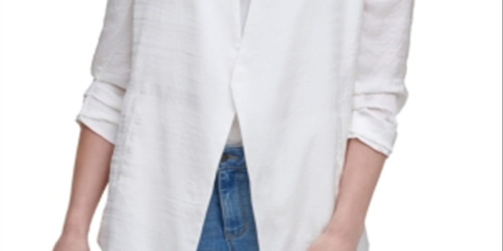 DKNY Women's Solid Scrunch Sleeve Collarless Blazer White Size Small