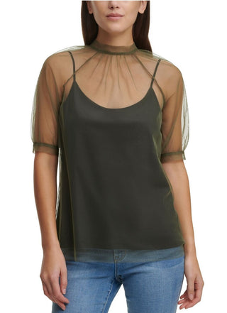 DKNY Women's Tulle Overlay Top Green Size Medium