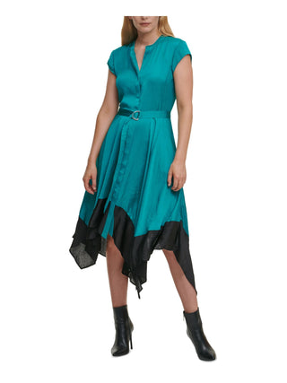 DKNY Women's Belted Darted Handkerchief Hem Color Block Cap Sleeve Split Midi Wear To Work Fit Flare Dress Blue Size Medium