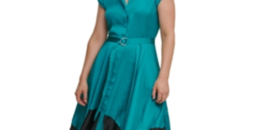 DKNY Women's Belted Darted Handkerchief Hem Color Block Cap Sleeve Split Midi Wear To Work Fit Flare Dress Blue Size Medium